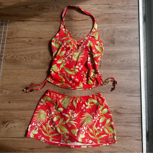 Beach bay Salmon pink & green tankini floral set gold detail & side ties size 8 - Picture 4 of 16